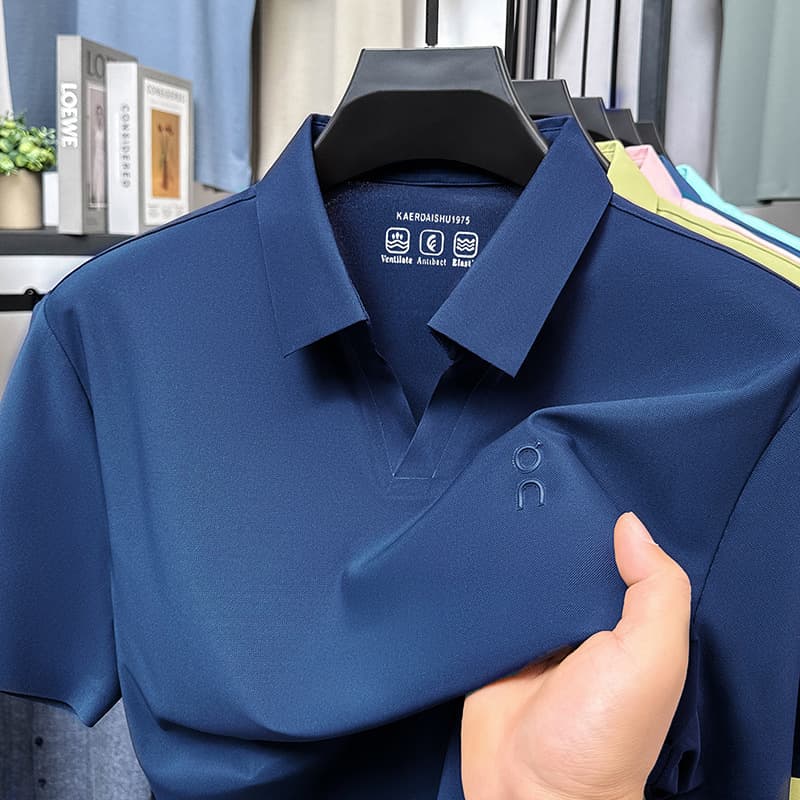 Scissor V-Neck 2025 New Short Sleeve Men's Casual T-Shirt Turn-Down Collar Loose High-Quality Stretch Ice Silk Polo Shirt