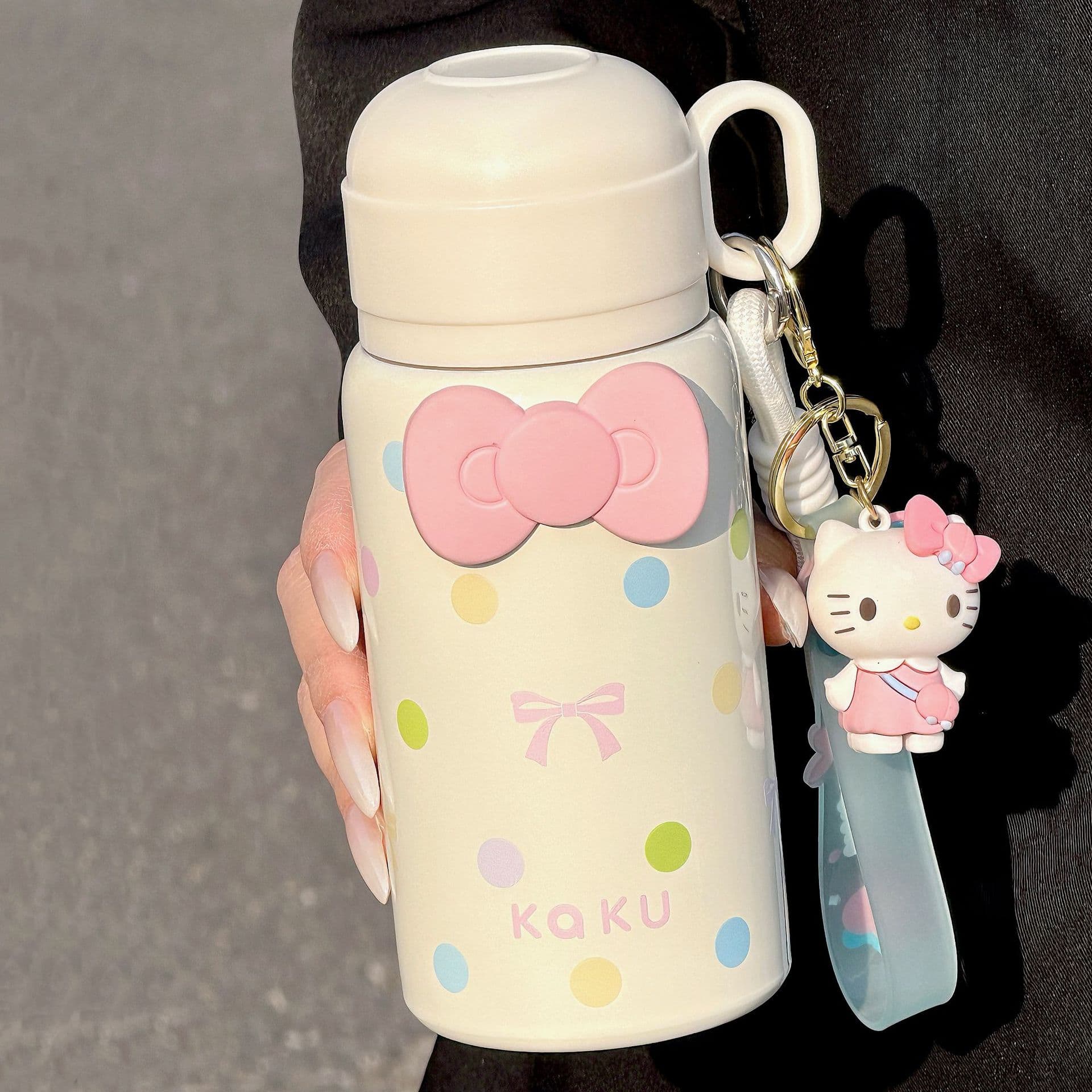 Thermos cup for children going to school, cute girly heart straw water cup 316 stainless steel portable three drinking cups