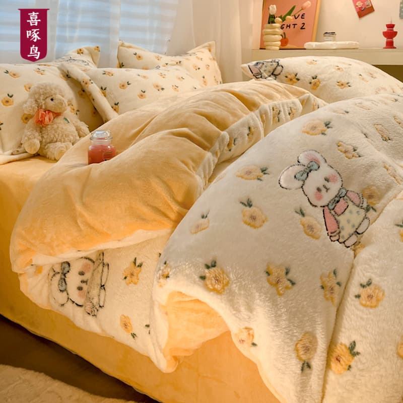 Plush Four-Piece Set Thick Snowflake Fleece Single Piece Duvet Cover Autumn/Winter Ins Style Warm Bed Sheet Duvet Cover Four-Piece Set Fleece