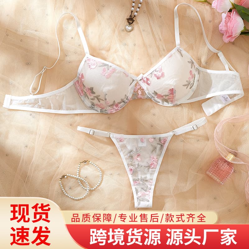 Sexy Lingerie Wholesale for Foreign Trade, French-Style Floral Embroidery, Large Bust Minimizing Lingerie Set, Ultra-Thin Transparent Mesh Embroidery