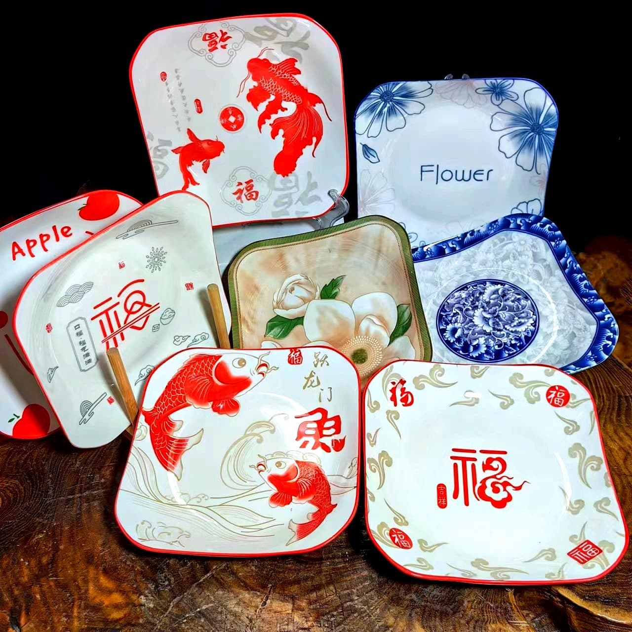 Printed 8.5 Ruyi Plate Square Plate Vegetable Plate Dessert Plate Small Soup Plate Supermarket Bundle Supply Ceramic Plate Tableware