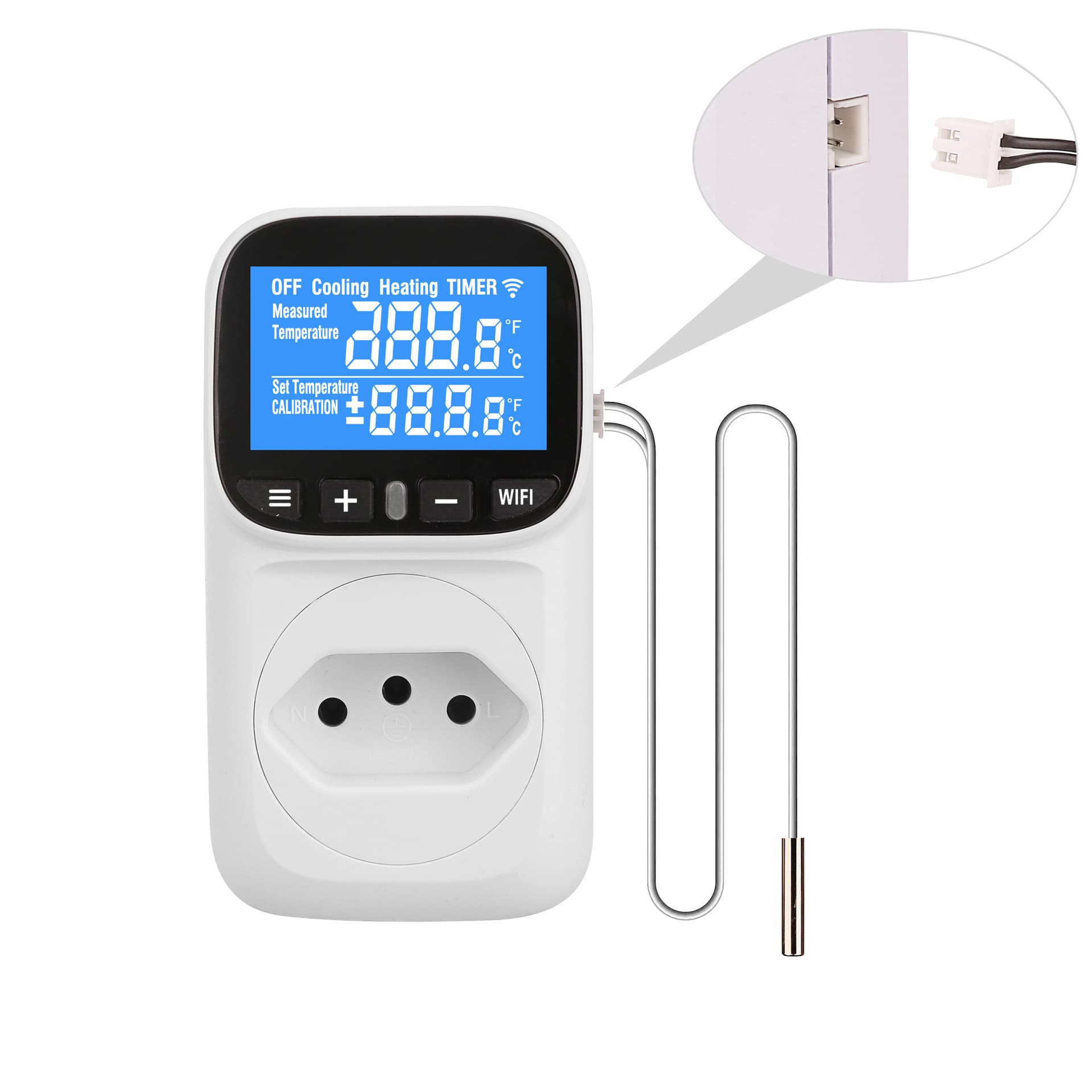 Tuya WiFi Brazil Backlight VA Thermostat with 2M Temperature Probe, Countdown Constant Temperature Plug for Aquarium and Greenhouse