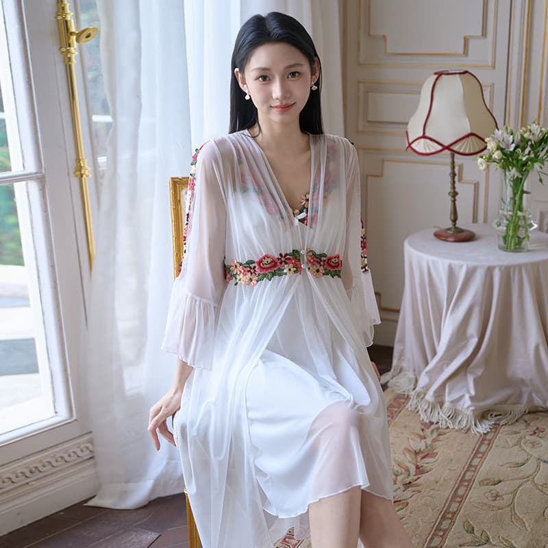 Spring and Summer Sheer Mesh Sleep Dress with Lace Trim, Long Sleeve Two-Piece Set, Light Mature Style, Fashionable Homewear Suitable for Outings