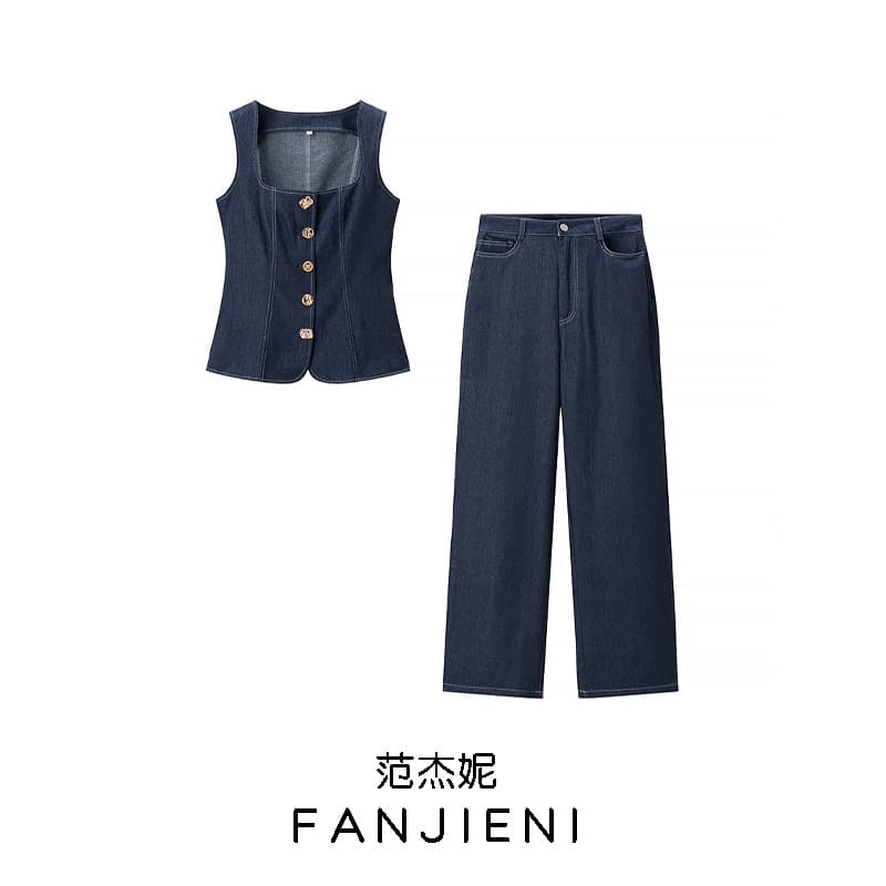 ZR Wholesale European and American Style Women's Fashion Button High-Waist Square Neck Denim Top and Pants Set