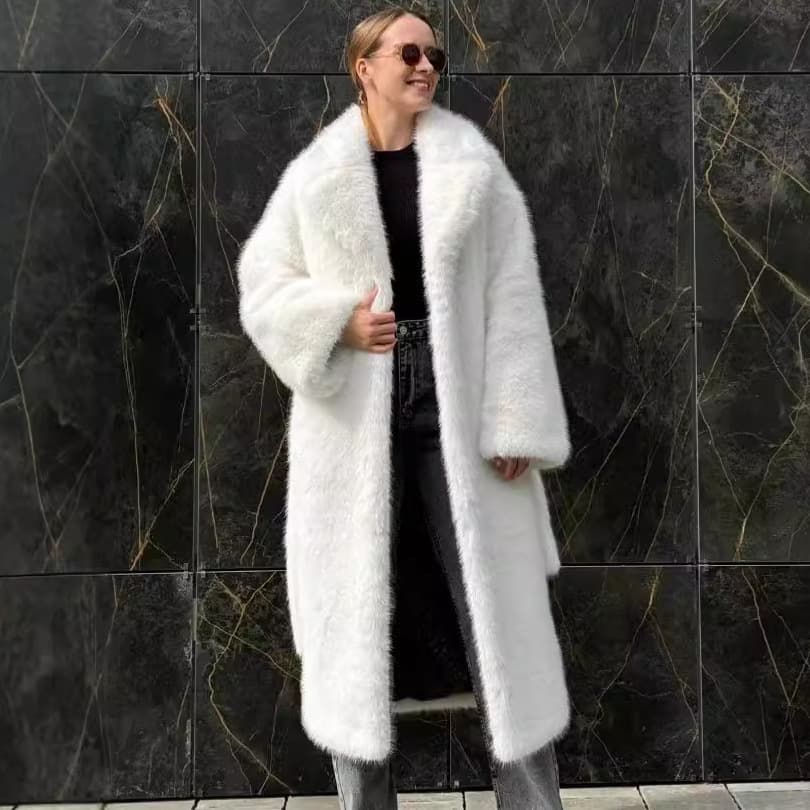 Long Fox Fur Coat White Fake Fur Jacket Women with Belt Eco-friendly Long Sleeve Street Style Comfortable Casual Fashion Coat