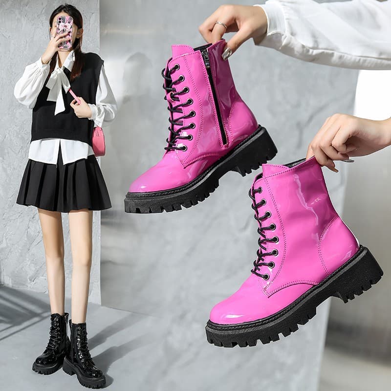 Plus-Size Women's Martin Boots 2025 Autumn New European and American Patent Leather Mid-Heel Round-Toe Short Motorcycle Stylish Slim Boots Trendy