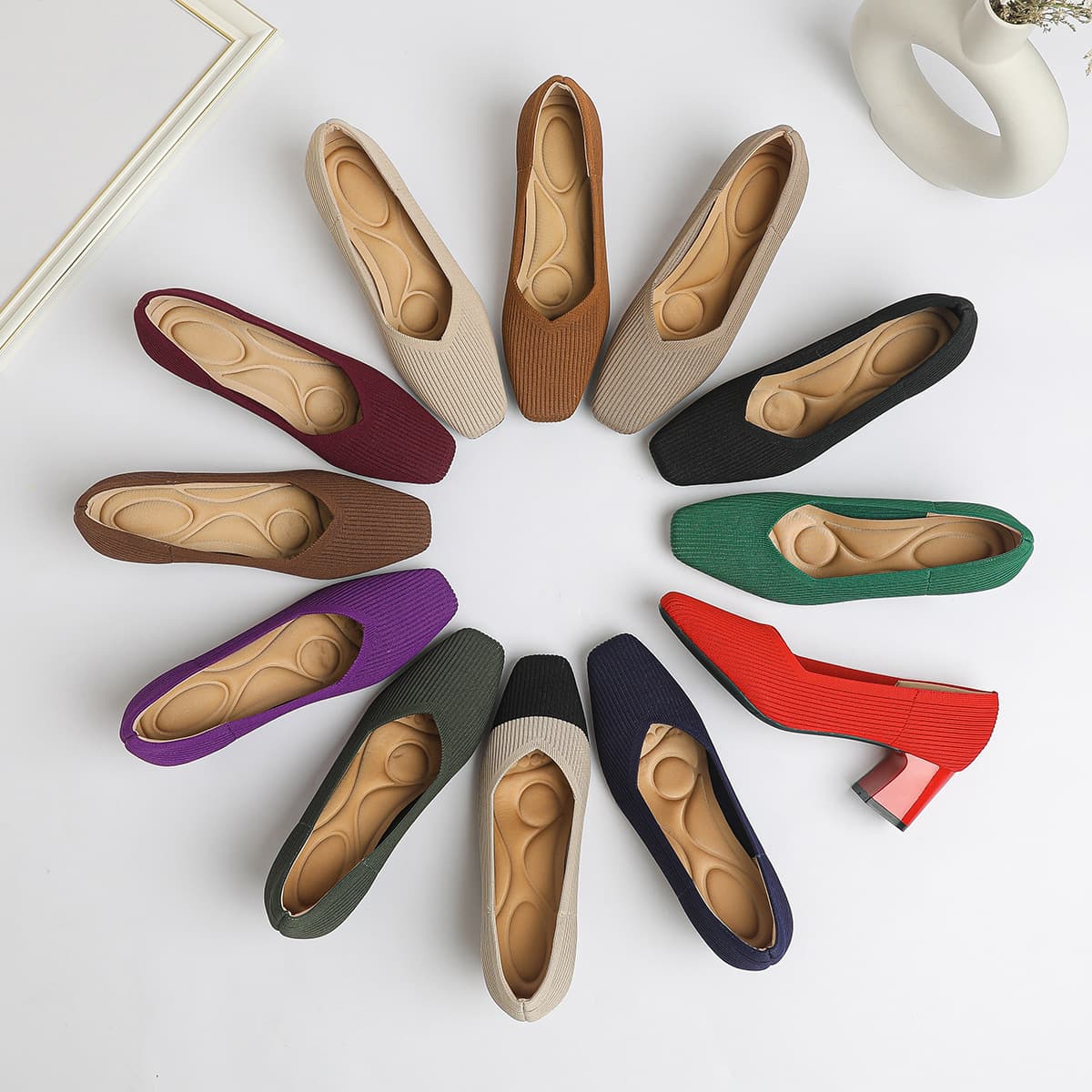 Japanese style princess shoes, square toe, mid-heel knitted shoes, chunky heel, shallow cut, comfortable and breathable flight attendant shoes.