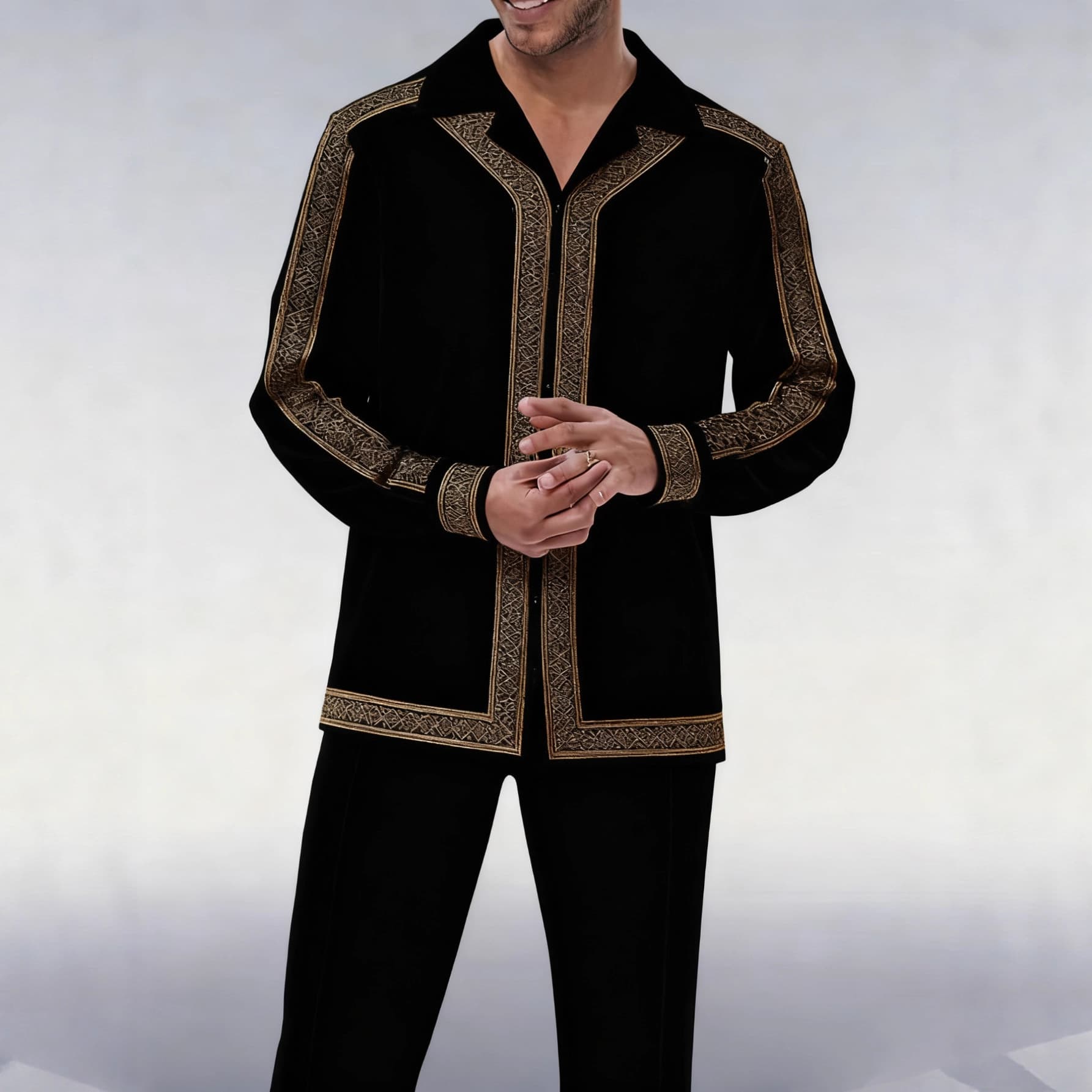 Men's Light Luxury Black and Gold Cuban Collar Shirt Set, Stylish and Suitable for Business Casual Occasions