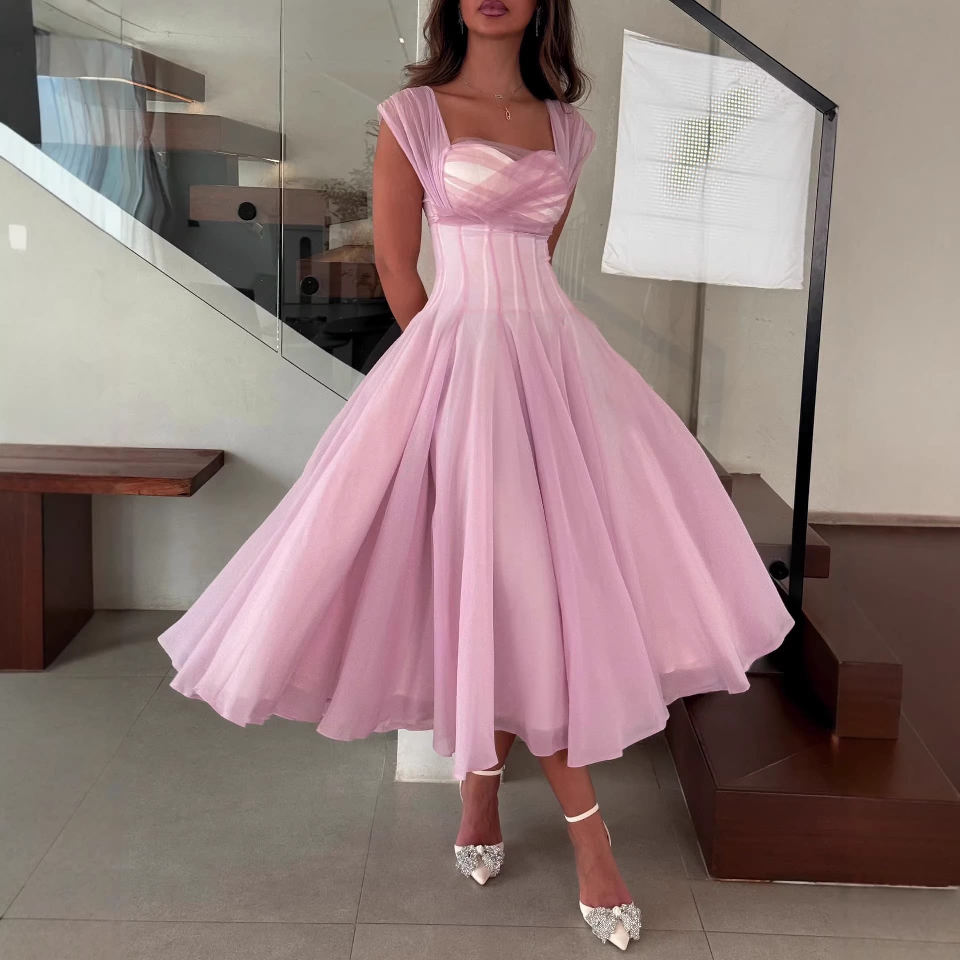 2025 New European and American Style Waist-cinching Full Skirt Dress for Women, Summer, French Gentle Temperament, White and Pink Long Dress