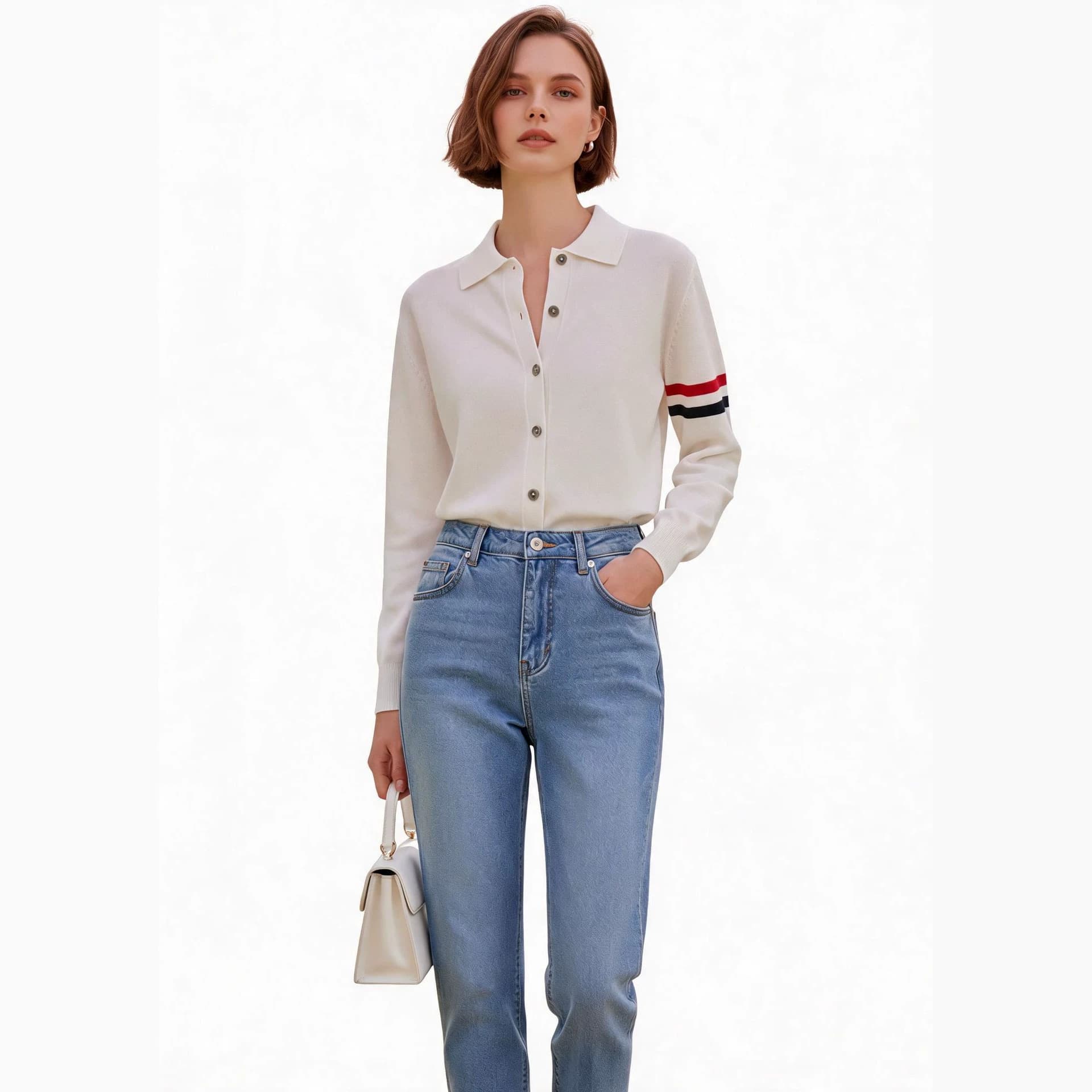 TB Style Navy Red White Blue Striped Lapel Knit Sweater Women Spring Summer New 100% Cotton Vintage Shirt Top
