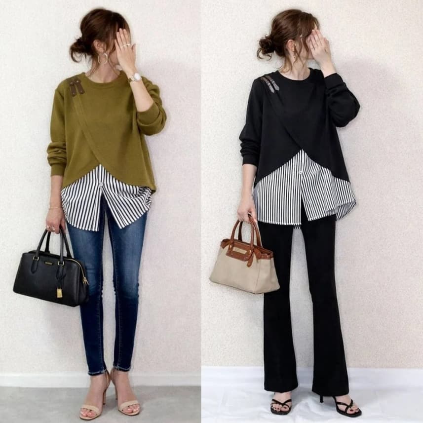 2026 New Japanese and Korean Style Plus Size Simple Faux Two-Piece Striped Patchwork Sweatshirt for Women, Loose Contrast Color Leather Button Top