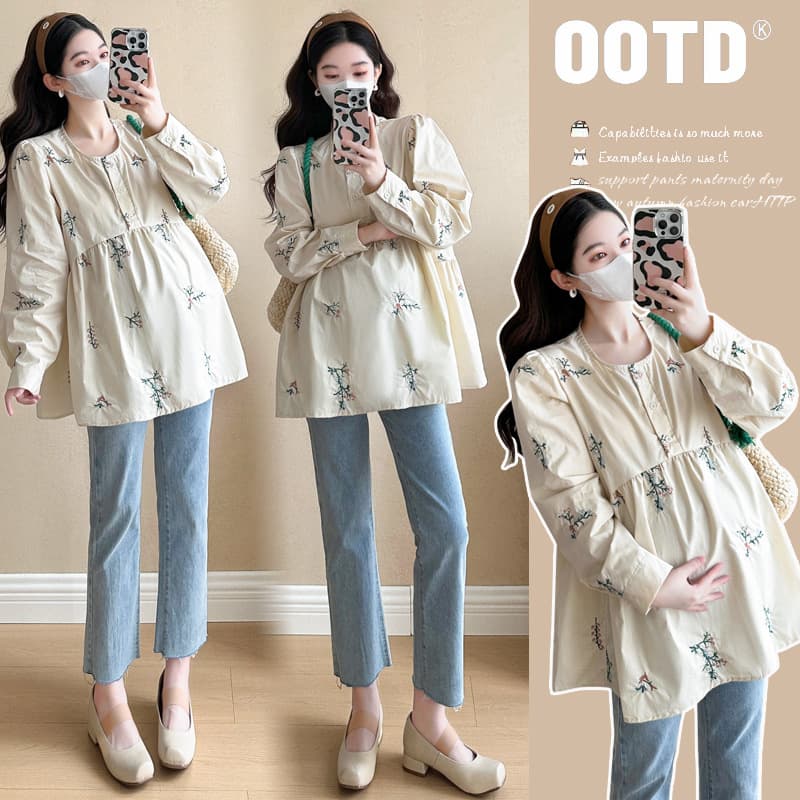 2025 New Style Maternity Vintage Embroidery Sweet Age-Defying Loose Plus Size Babydoll Top