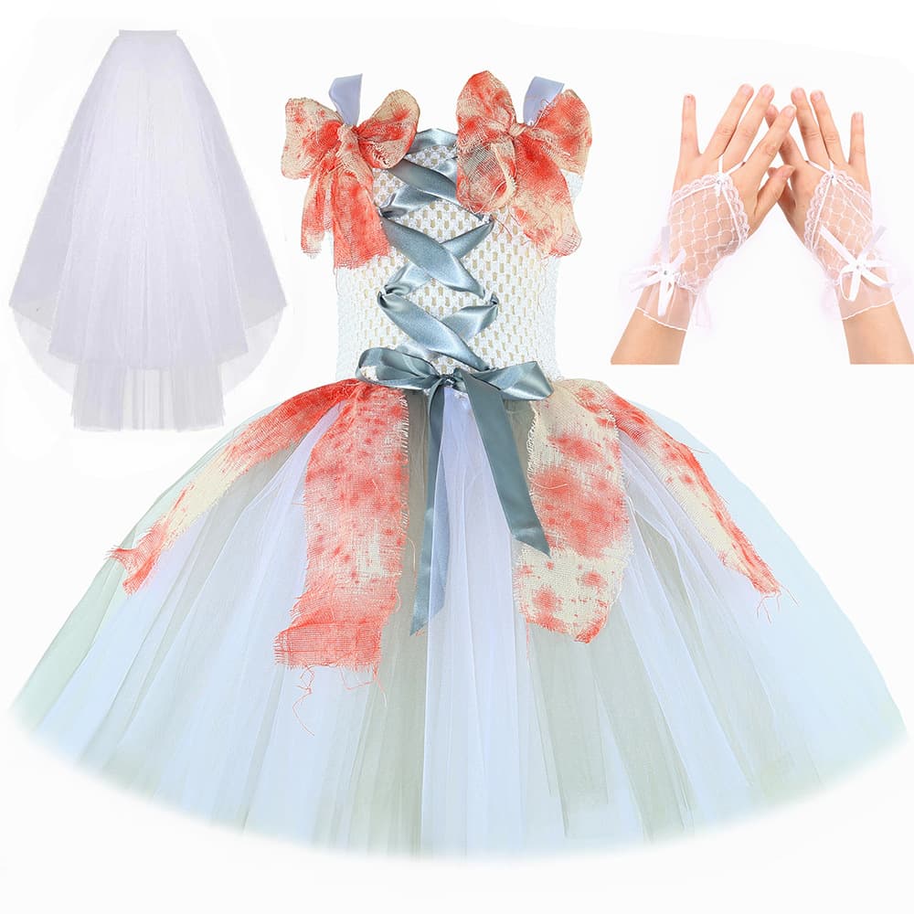 Halloween Costume Horror Zombie Ghost Bride Costume Children's Mesh dress Cross Border Girl Performance Costume