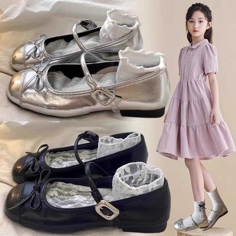 Girls' Leather Shoes 2026 Summer New Style for Older Children, Soft-Soled Shallow Mouth Single Shoes, Silver Soft-Soled Princess Shoes, Mary Jane Shoes