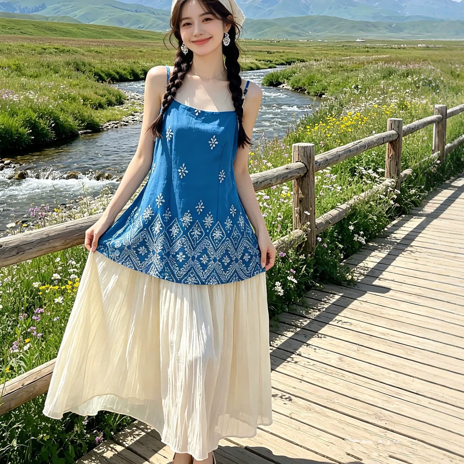 Ethnic style embroidered suspender dress for women, summer new loose long skirt, literary retro holiday style beach skirt
