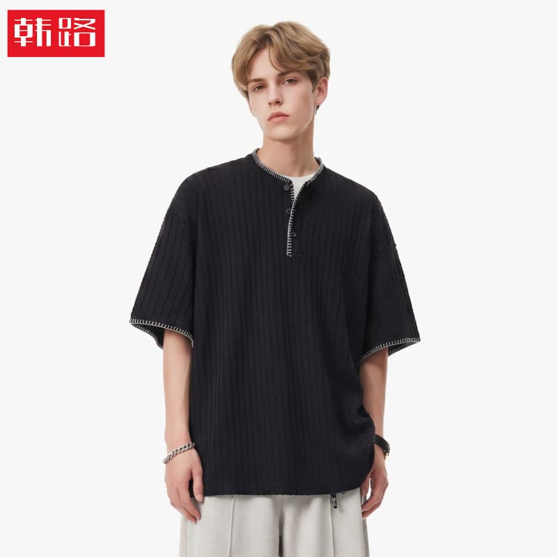 American Retro Henry Neck Knitted Breathable Short Sleeve Men's Summer Thin T-Shirt Old Money Style Casual Commute Tee