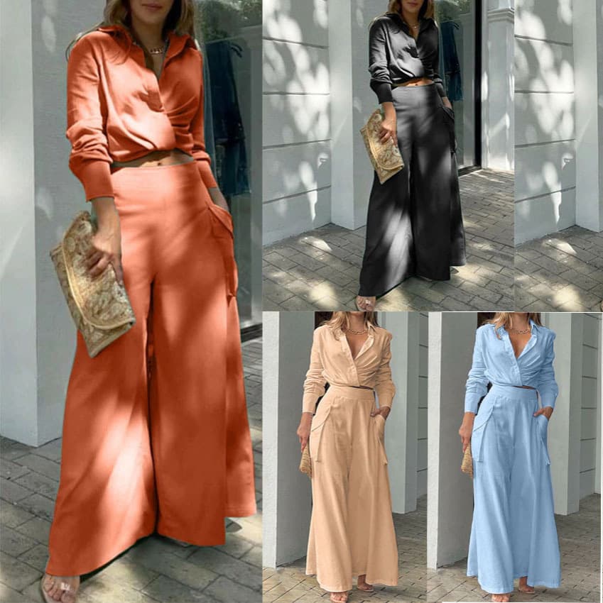 2022 European and American Amazon Women's Casual Solid Color Short-Sleeved Long-Sleeved Shirt Set with High-Waisted Wide-Leg Pants Two-Piece Set