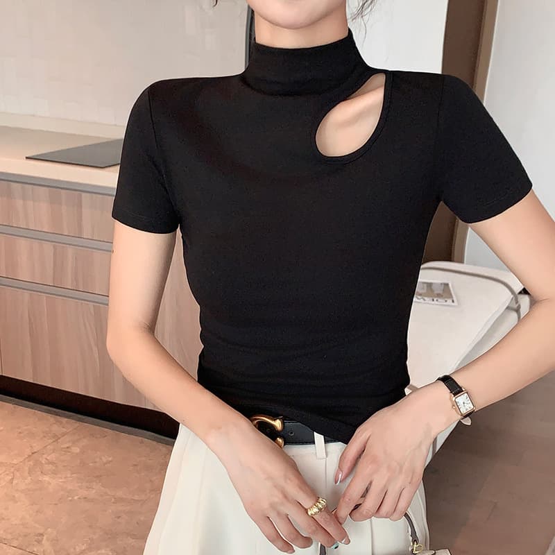 New Style Hollow-Out Half-High Collar Short-Sleeve T-Shirt for Women, Summer Inner Wear with a Unique Design, Ribbed Tight-Fitting Base Shirt