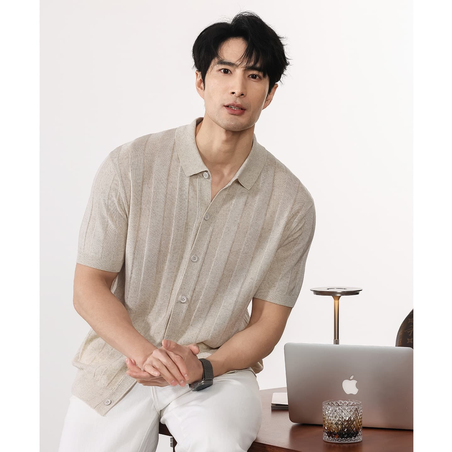 Old Money Style Turn-Down Collar Short-Sleeve Knit T-Shirt for Men, 2026 Summer New Japanese Retro Striped T-Shirt Trendy