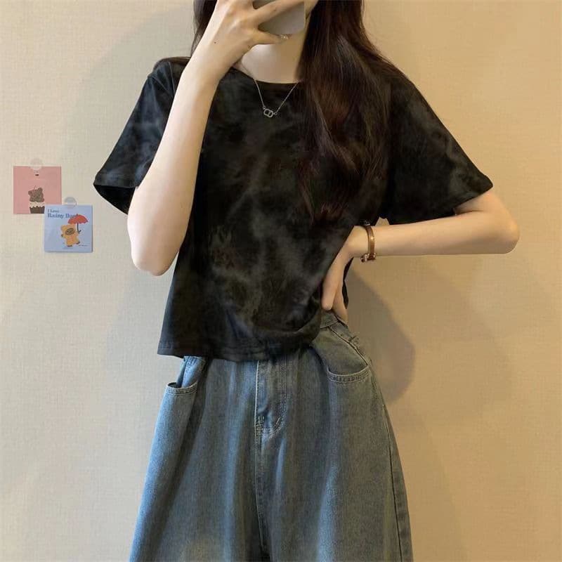 2025 Cross-Border Tie-Dye T-Shirt Women's Hong Kong Style Ins Loose Teen Trendy Brand Niche Short Sweet and Spicy Tops