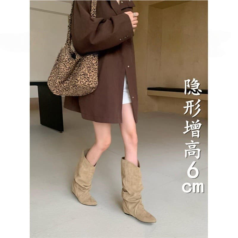 Vintage Wrinkled Stack Boots Pointed Toe Hidden Height Increase Western Cowboy Boots Mid-Calf Boots Suede Maillard Boots for Women