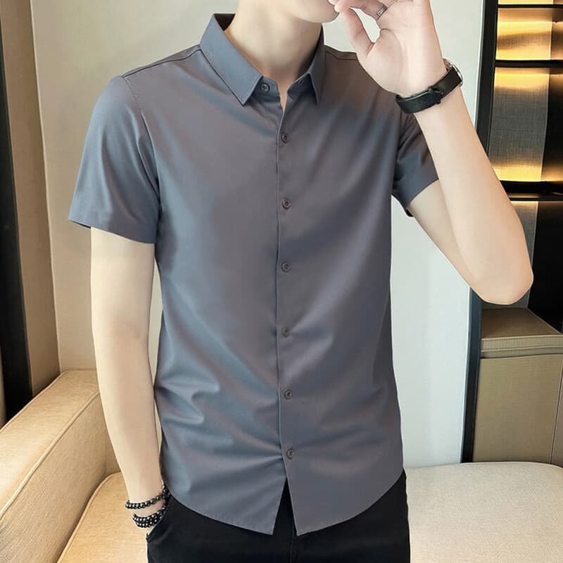Summer Seamless Short Sleeve Shirt for Men Business Micro-Stretch Work Shirt Youth Casual Fashion Wrinkle-Free Shirt