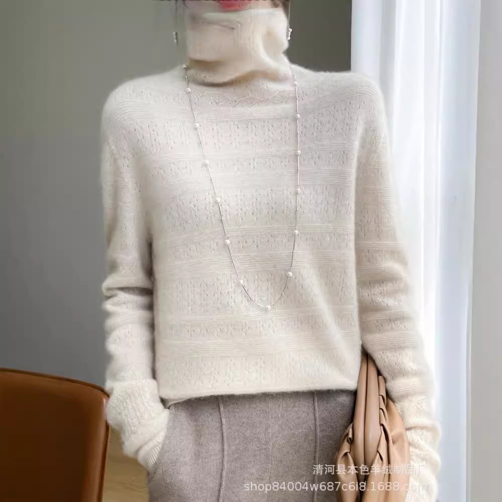 Yixian Chengyi Andi Rong 2024 Autumn/Winter New Women's Hollow Stacked Collar Solid Color Pullover Knit Sweater Wholesale