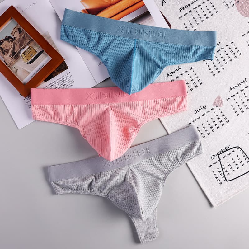 New men's pure cotton breathable ribbed thong underwear for young men, U-shaped, sexy, comfortable T-string shorts with a vent.