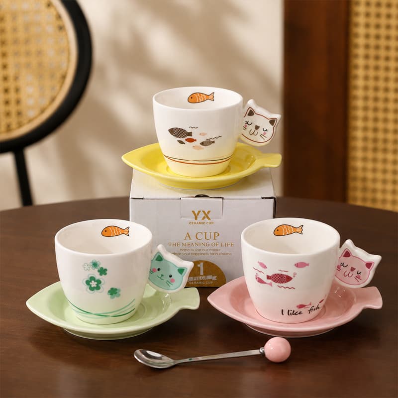 Cute Cat Handle Ceramic Cup with Saucer and Spoon Mug Student Women Couple Birthday Gift Breakfast Cup