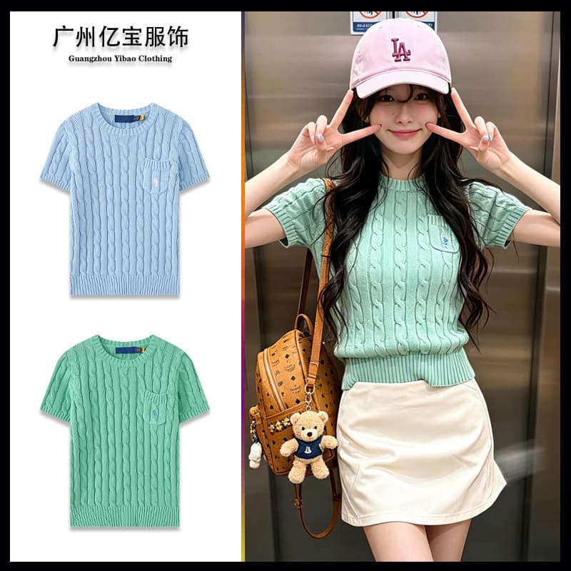 Cross-border Ralph Lauren RL Knitted Short Sleeve New Twisted Small Pony Logo Pocket Embroidery Unisex Short Sleeve Round Neck Half Sleeve Top