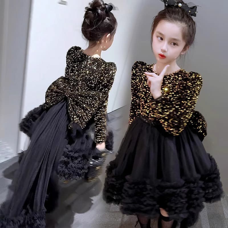 Summer Fleece-Lined High-End Girls Dress Stylish Velvet Tulle Puffy Dress Children's Princess Dress Birthday Formal Gown