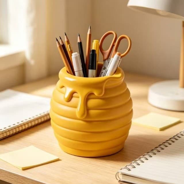 3D Printed Honey Pot Pen Holder Creative Honey Pot Shape Desktop Stationery Organizer High-Aesthetic Fun Office