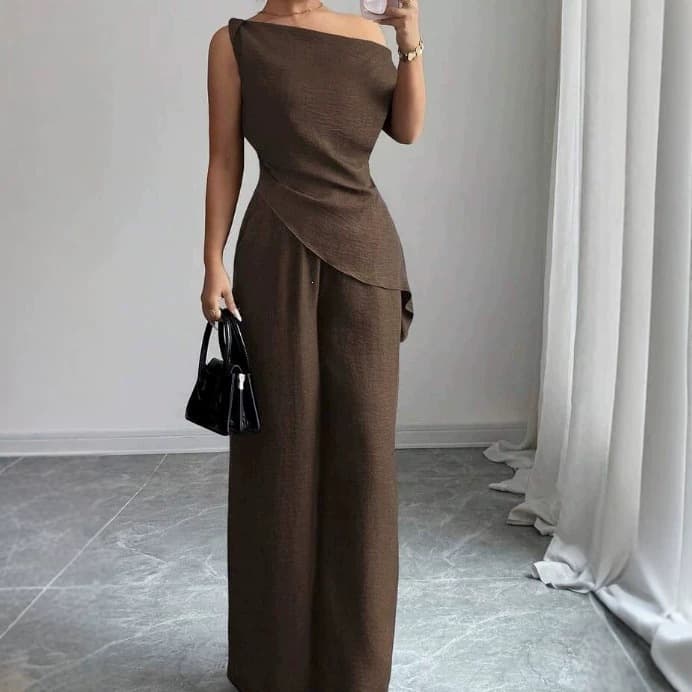 2026 New Cross-Border EU/US Amazon Fashion Off-Shoulder Sleeveless Solid Color Wide-Leg Pants Set Trendy Two-Piece Outfit