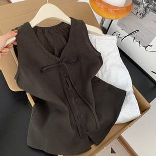 French Vintage Chic Relaxed Tie-Front Sleeveless Vest Top for Women, Summer Versatile V-Neck Loose Top A12675