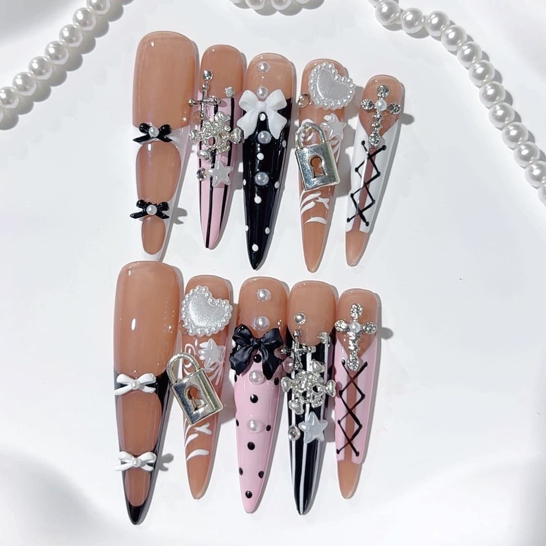 Cross-border Long Stiletto 5.0 Black Cream Embossed Bow Handmade Wearable Fake Nails Wholesale