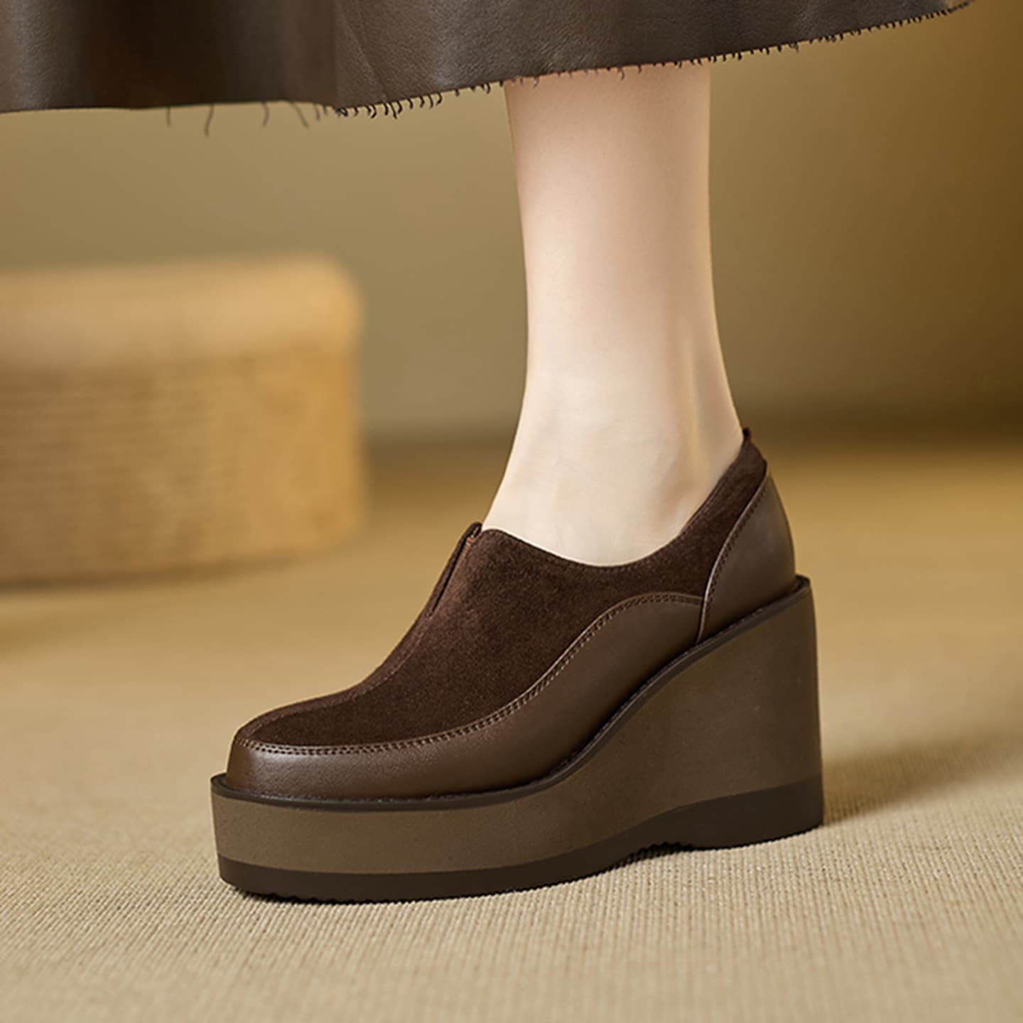 9cm High Heels 2026 Spring/Autumn Platform Shoes for Women Thick Sole Suede Vintage Leather Loafers Wedge Heel Deep Mouth Flats