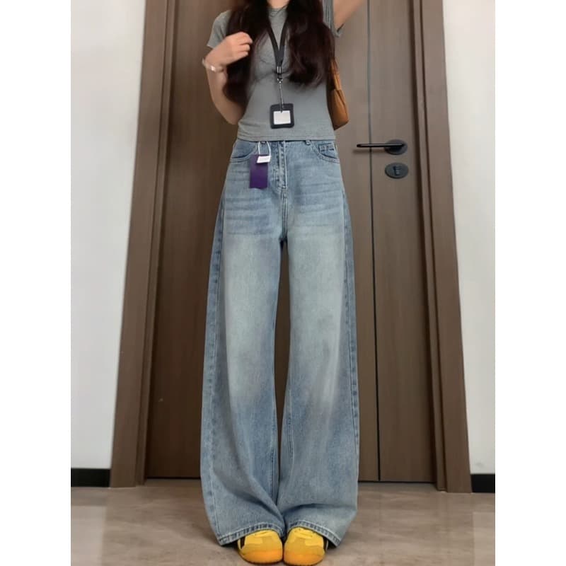 Light-colored wide-leg jeans for women summer new high-waisted large size fat mm loose slimming pear-shaped straight pants