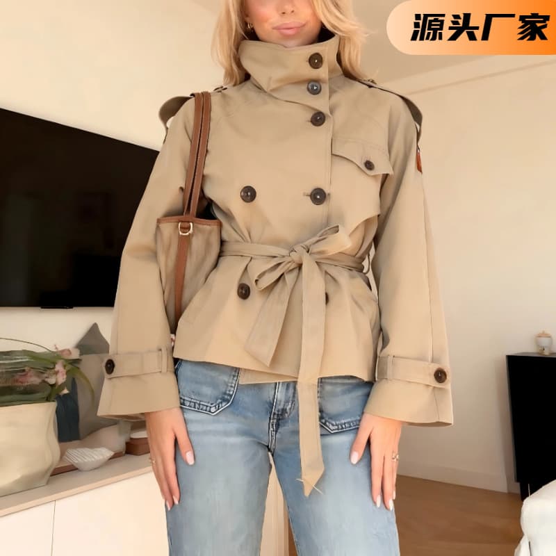 2025 New Retro Lapel Design Double-Breasted Tie-Belt Versatile Long-Sleeve Short Trench Coat