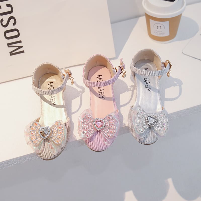 2025 Spring New Arrival Cute Girls' Rhinestone Princess Shoes Leather Shoes Crystal Shoes Baby Bow Single Shoes