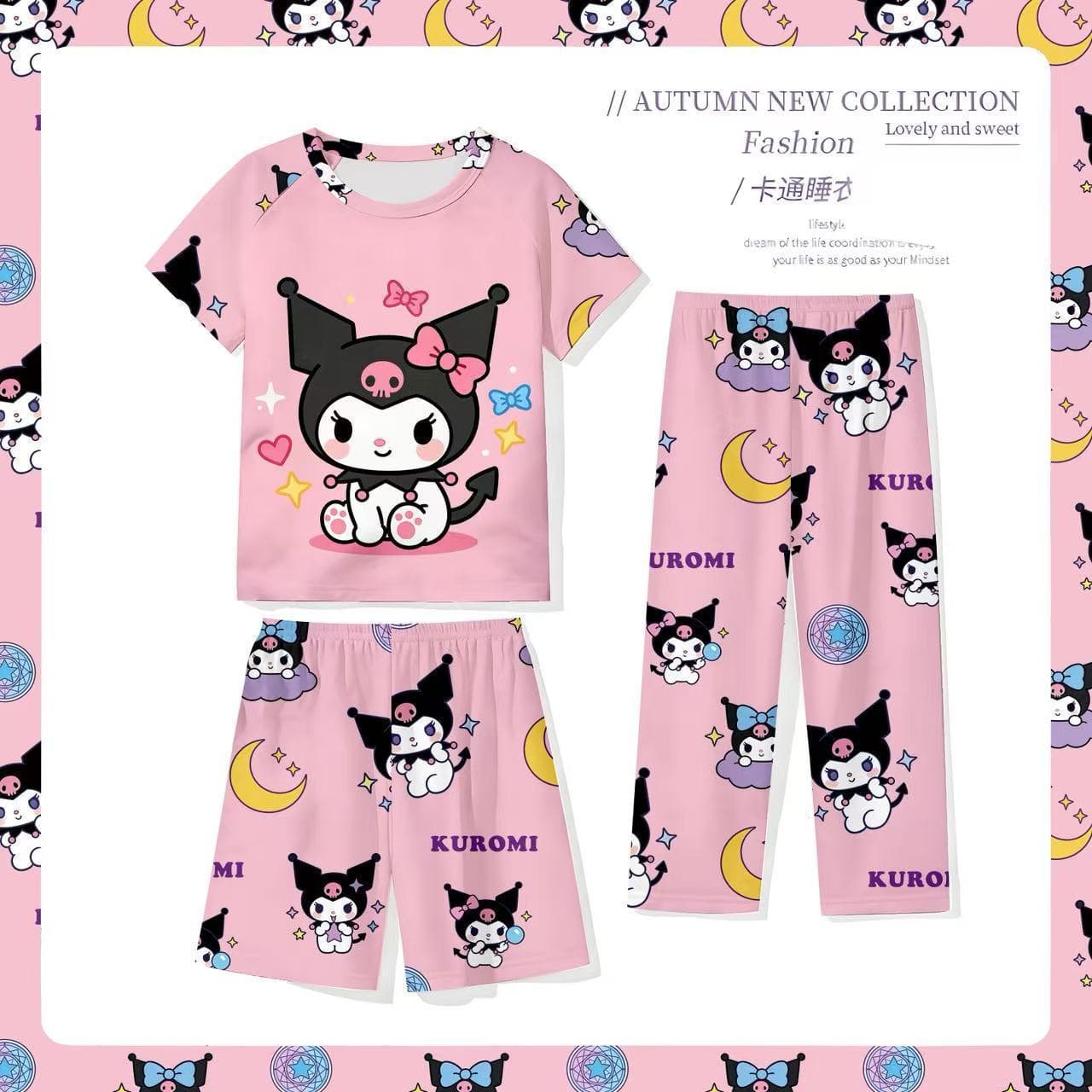 New Children's Pajama 3-Piece Set Short Sleeve Shorts Long Pants Cartoon Print for Boys Girls Kids Overseas Wholesale