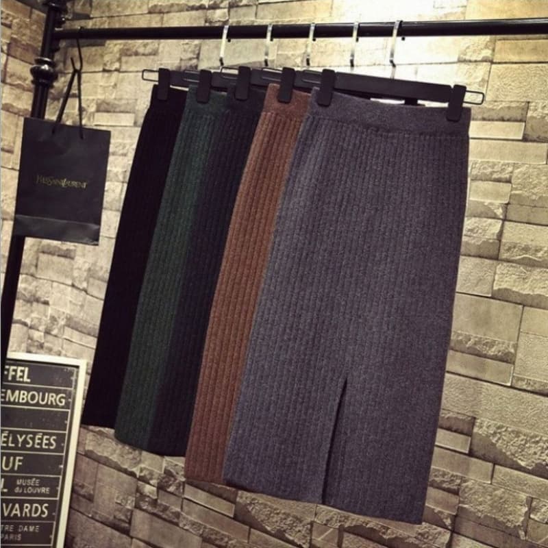 Thickened Knitted Mid-Length Split Half Skirt Wrap around Skirt Autumn Winter High Waist Long Skirt Women's Cotton Yarn Skirt