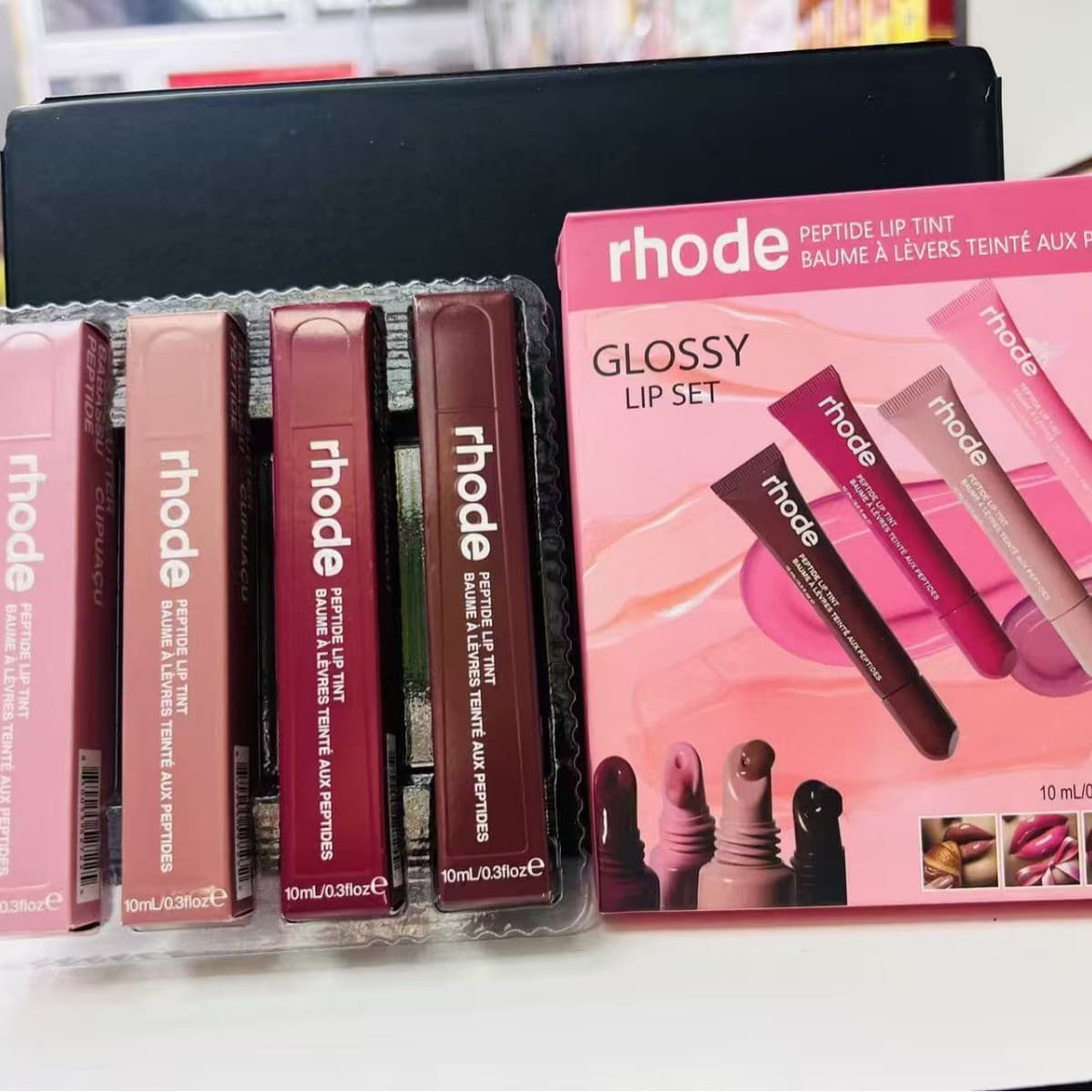 rhode Hailey Tinted Raspberry Ribbon Toast Espresso Lip Gloss Lip Oil 4-Piece Set