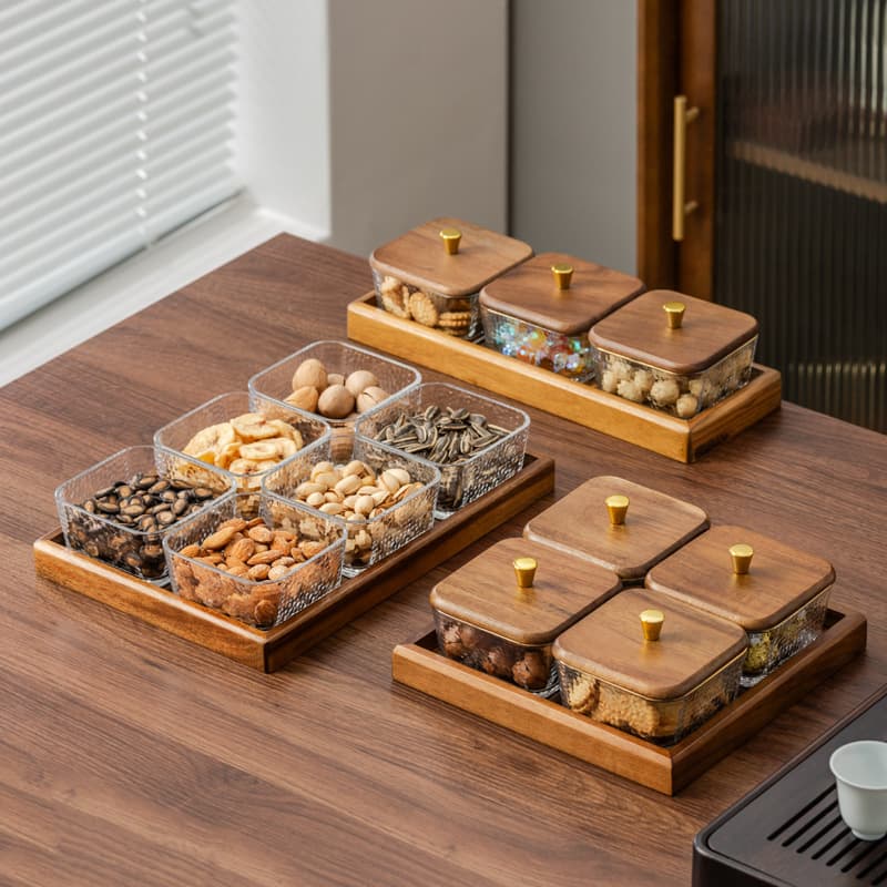 Walnut Wood Glass Fruit Tray for Living Room, Luxury High-End Dry Fruit and Snack Candy Storage Box, New Chinese Style
