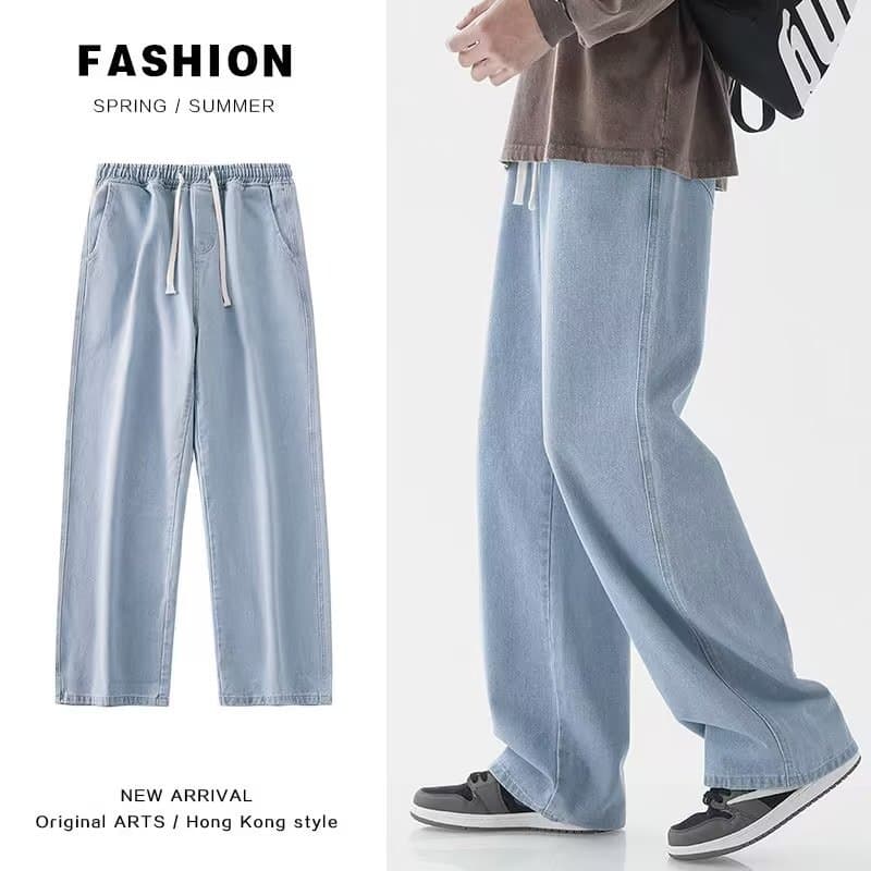 American High Street Retro Straight Leg Men's Jeans Casual Wide Leg Pants Drawstring Elastic Waist Loose Fit Casual Jeans