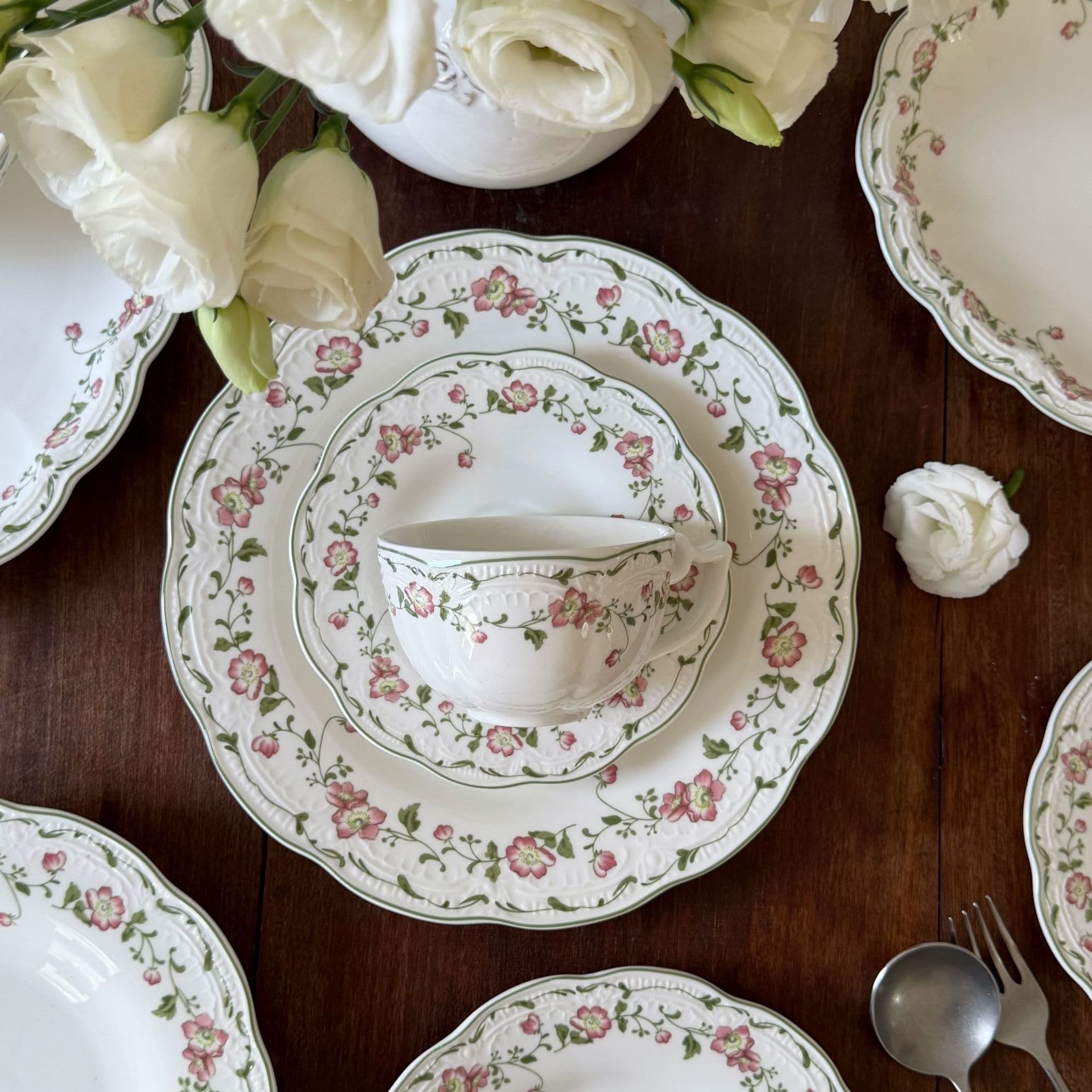 French Romantic Pink Vine Flower Ceramic Dinnerware - Plates, Bowls, Coffee Cup & Saucer, Dessert Plate, Deep Plate, Oval Plate