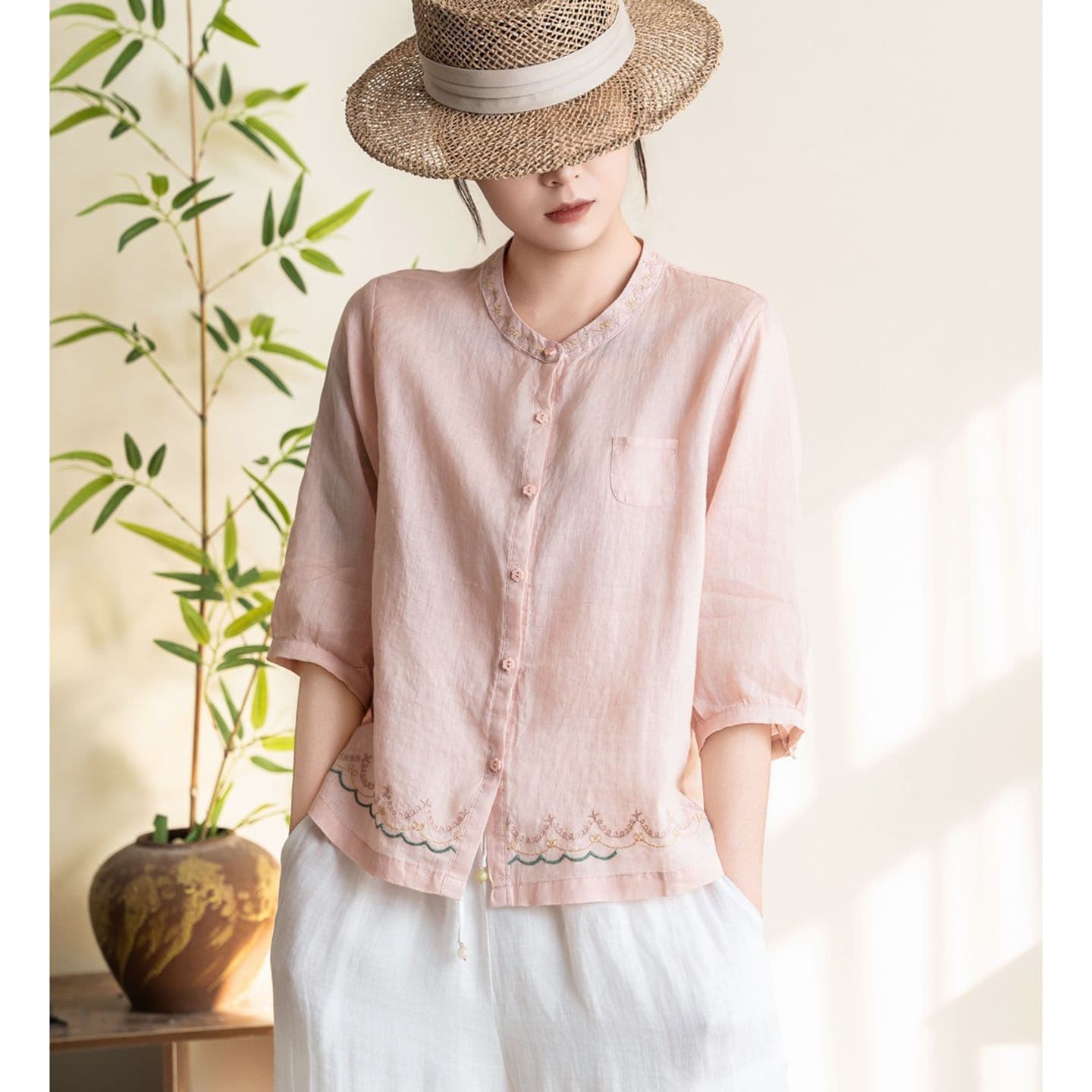 Ethnic style literary retro short-sleeved cotton and linen shirt top summer new versatile loose cover belly slimming plus size women