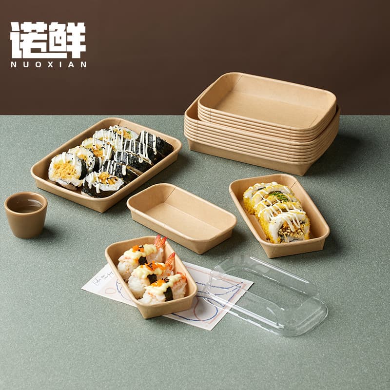 Disposable kraft paper sushi takeout box, rectangular picnic seaweed lunch box, household use with lid, biodegradable, commercial use.