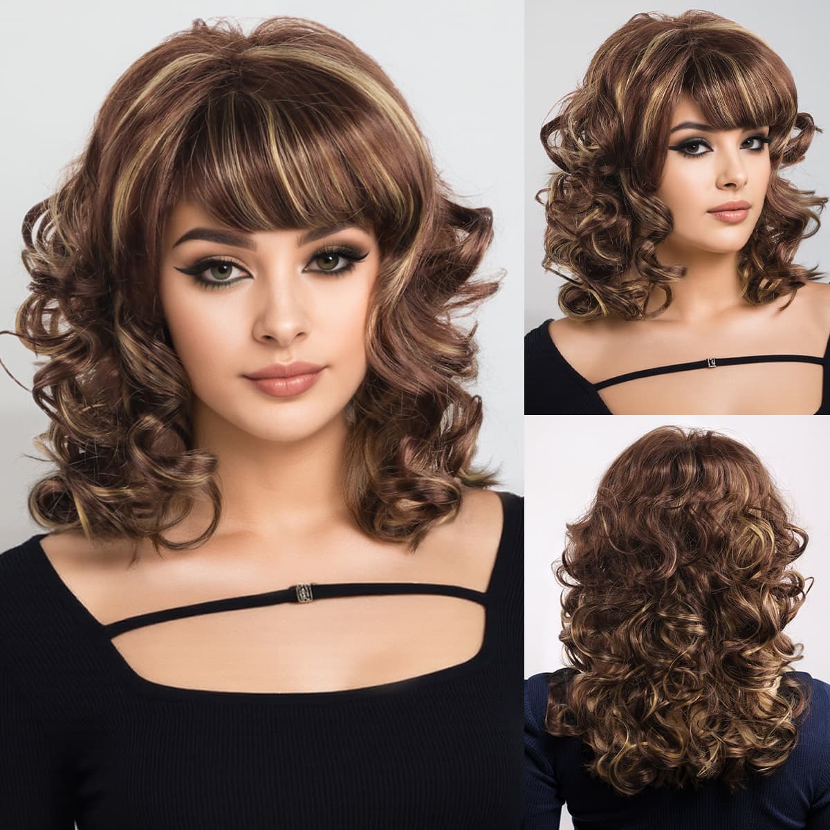 Cross-border Trade Women's Short Brown Curly Wig with Straight Bangs, Natural Full Cap Daily Wear Wig