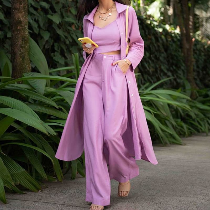FD445 spot cross-border autumn and winter popular long windbreaker shirt jacket camisole wide leg pants three-piece suit