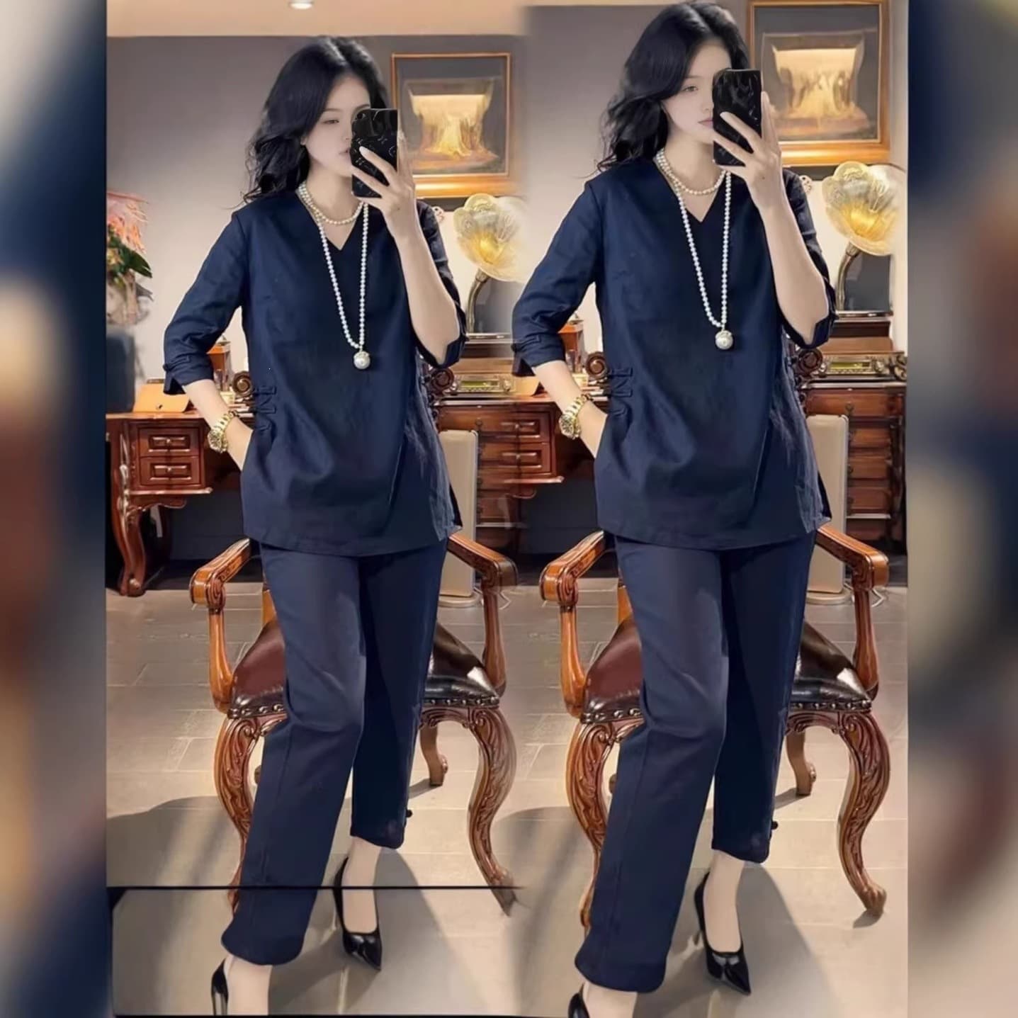 3023 Plus Size Women's Chinese Style National Trend Set, Fat MM Buttoned Half-Sleeve Loose Split Top, Casual Cropped Pants Summer